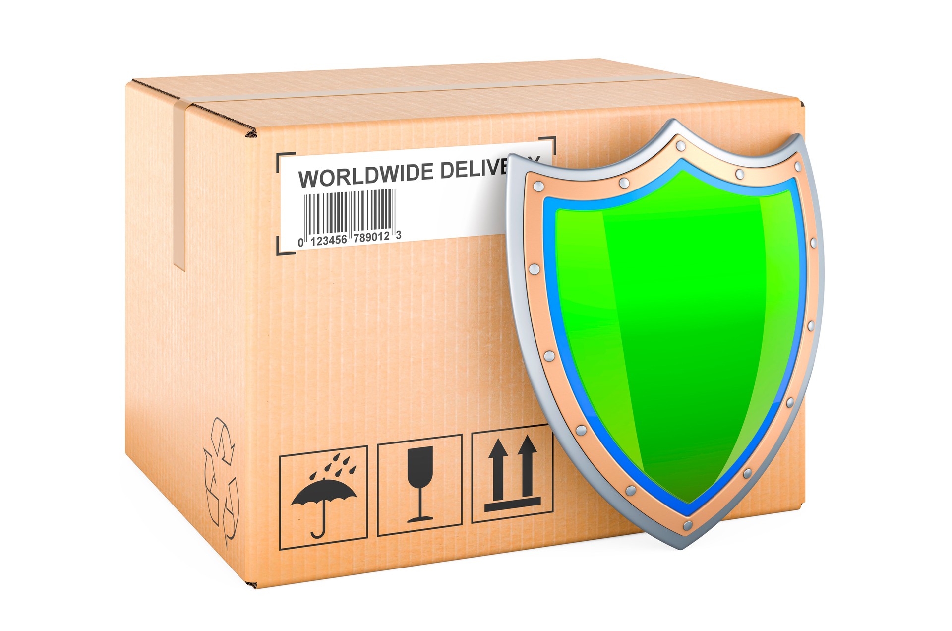 Parcel with shield. Safety delivery concept, 3D rendering